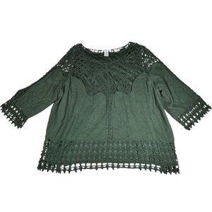 Lace Trim Dark Green Crochet Blouse Lined Boho Lace